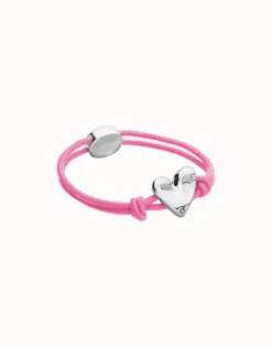 Pulsera de hilo elástico rosa con corazón bañado en plata de ley