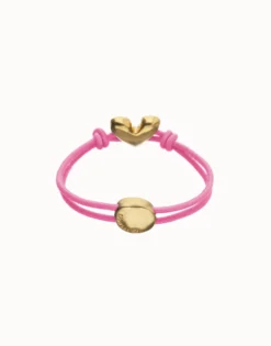 Pulsera de hilo elástico rosa con corazón bañado en oro 18k