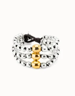 Pulsera de tres tiras de cuentas bañadas en plata de ley y bola en oro 18k