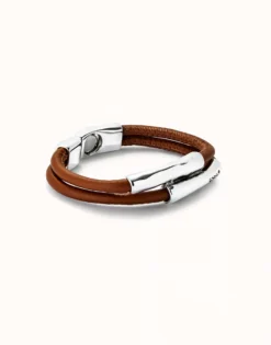 Pulsera doble cuero camel con dos tubos bañada en plata de ley