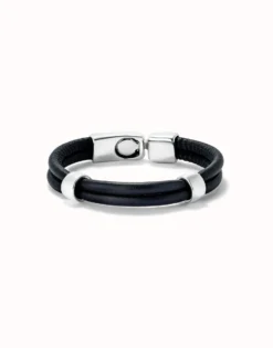 Pulsera doble cuero con 2 circunferencias bañadas en plata de ley