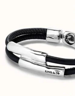 Pulsera doble cuero marron con dos tubos bañada en plata de ley