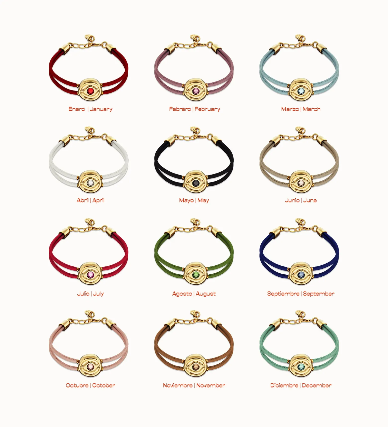 Pulsera doble de cuero blanco con ojo bañado en oro 18k