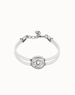 Pulsera doble de cuero blanco con ojo bañado en plata de ley