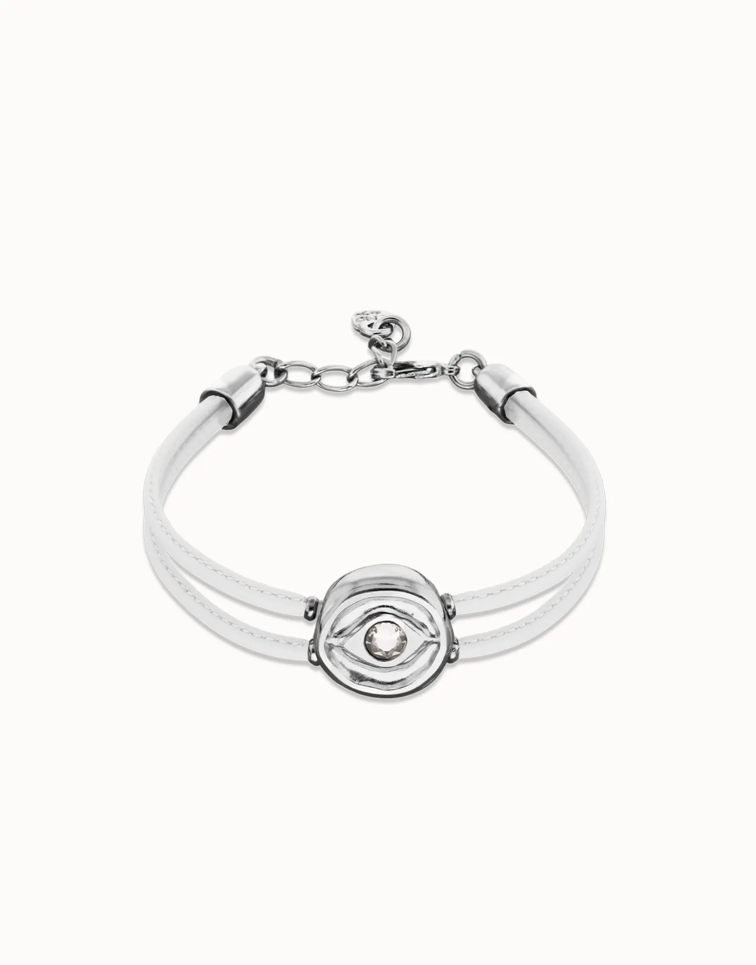 Pulsera doble de cuero blanco con ojo bañado en plata de ley
