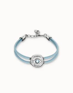 Pulsera doble de cuero celeste con ojo bañado en plata de ley