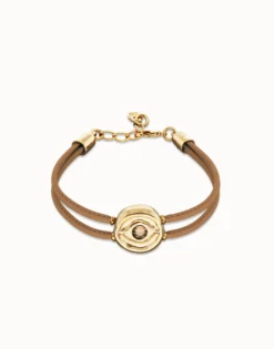 Pulsera doble de cuero crema con ojo bañado en oro 18k