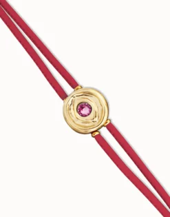 Pulsera doble de cuero fucsia con ojo bañado en oro 18k