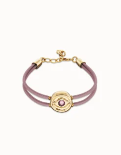 Pulsera doble de cuero lila con ojo bañado en oro 18k