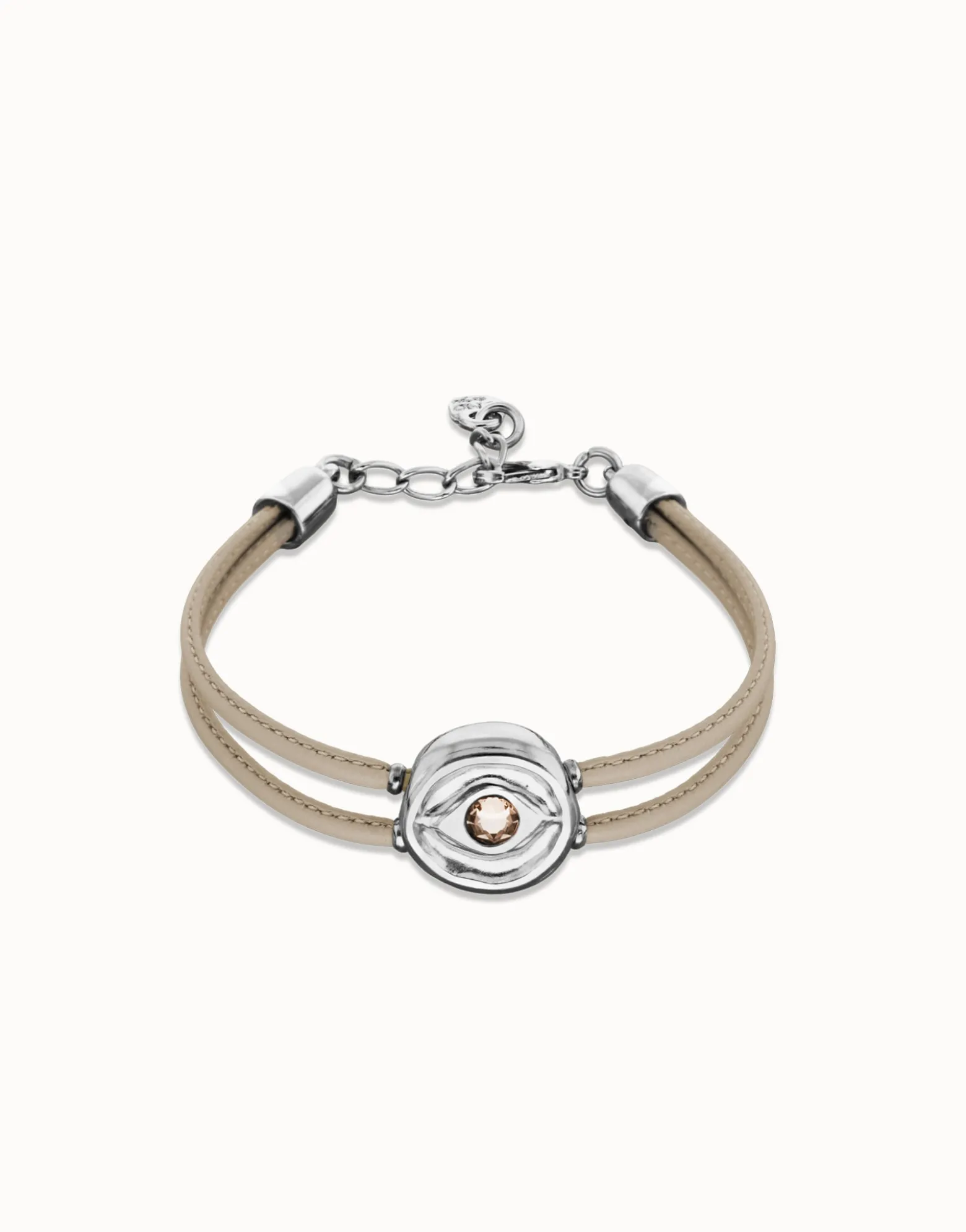 Pulsera doblede cuero marfil con ojo bañado en plata de ley