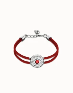Pulsera doble de cuero rojo con ojo bañado en plata de ley