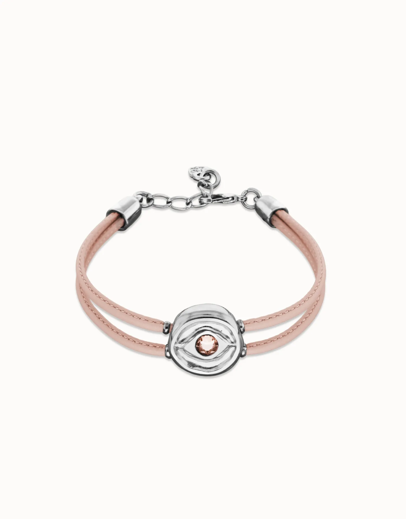 Pulsera doble de cuero rosa con ojo bañado en plata de ley