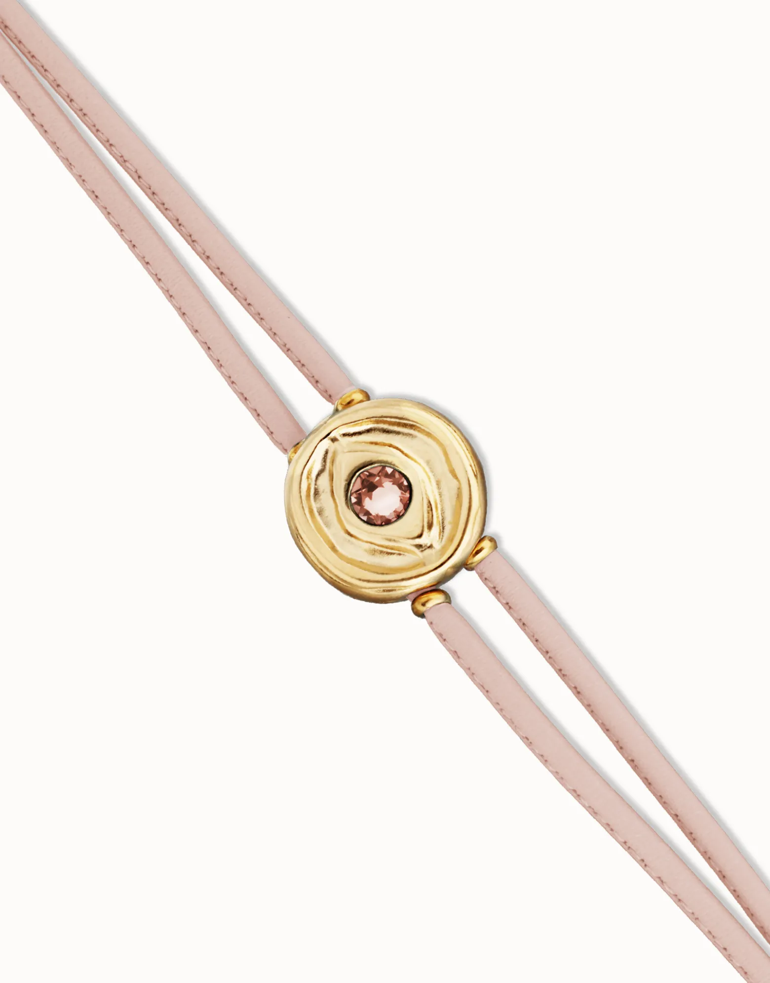 Pulsera doble de cuero rosa con ojo bañado en oro 18k