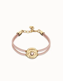 Pulsera doble de cuero rosa con ojo bañado en oro 18k