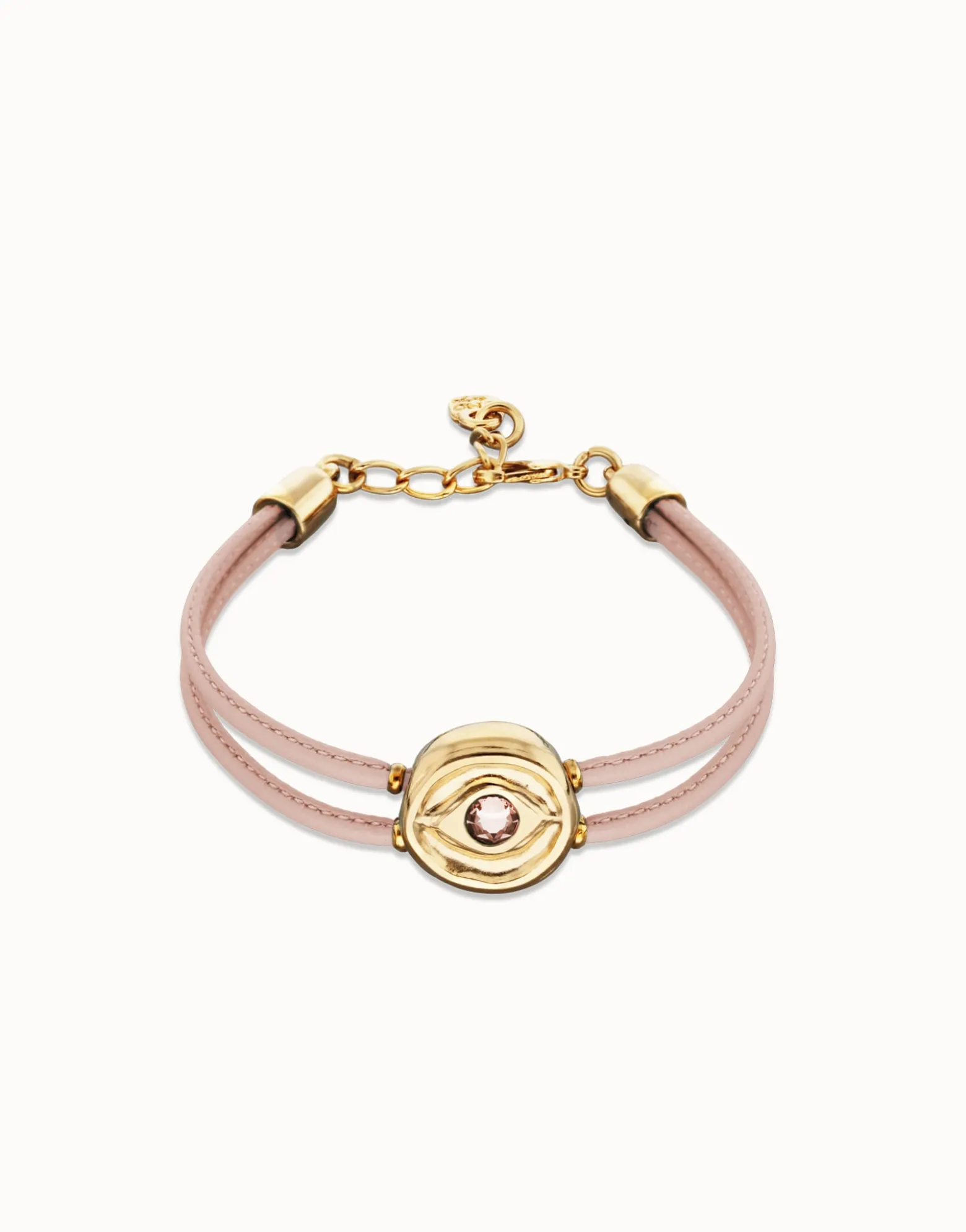 Pulsera doble de cuero rosa con ojo bañado en oro 18k