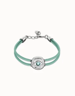 Pulsera doble de cuero turquesa con ojo bañado en plata de ley