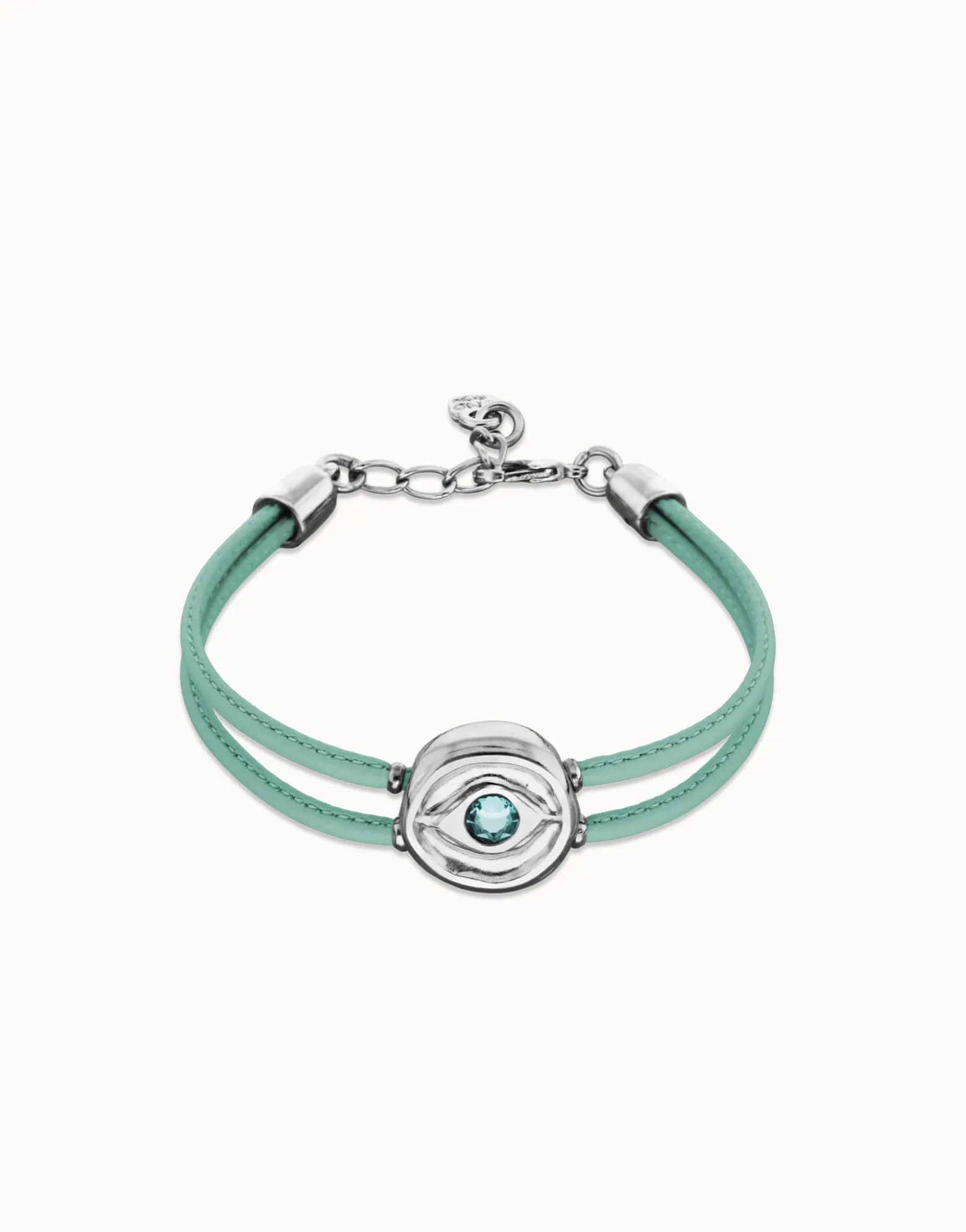 Pulsera doble de cuero turquesa con ojo bañado en plata de ley