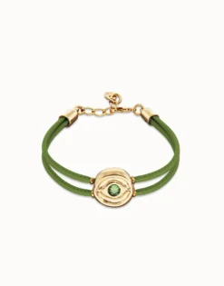 Pulsera doble de cuero verde con ojo bañado en oro 18k