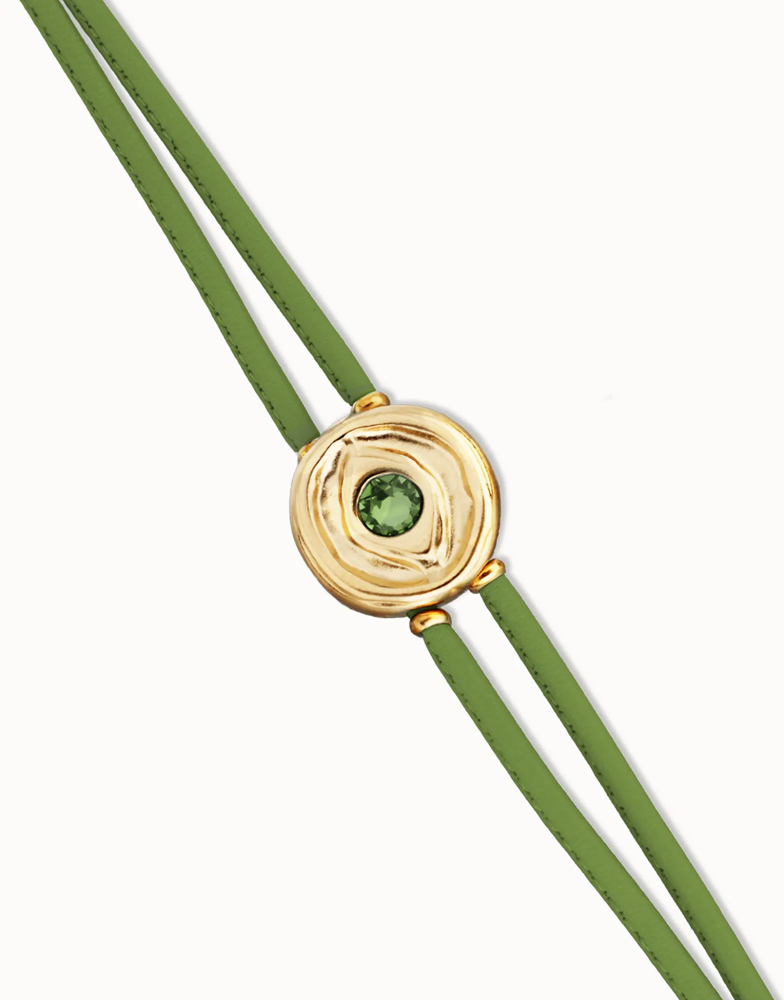 Pulsera doble de cuero verde con ojo bañado en oro 18k