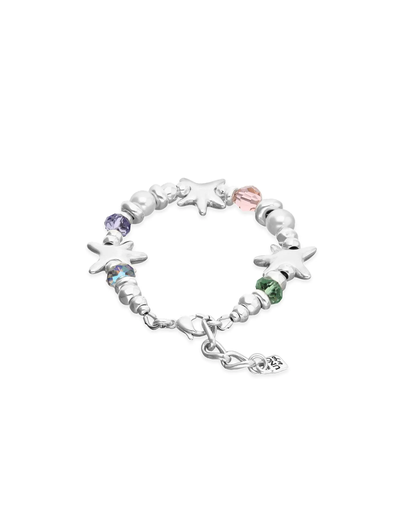 Pulsera elástica bañada en plata con cristales multicolor y estrellas de mar