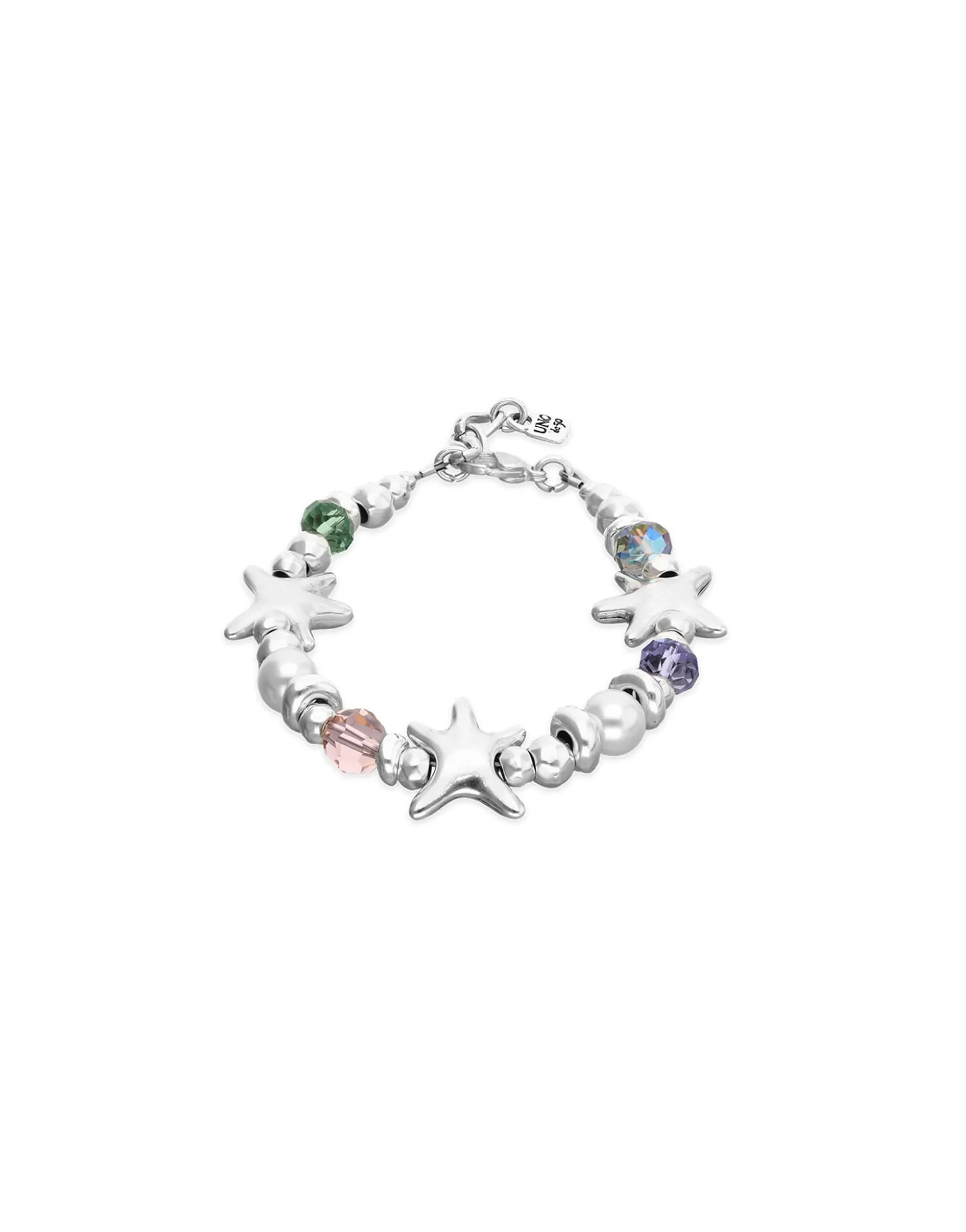 Pulsera elástica bañada en plata con cristales multicolor y estrellas de mar