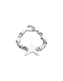 Pulsera elástica bañada en plata con cristales azules y estrella de mar