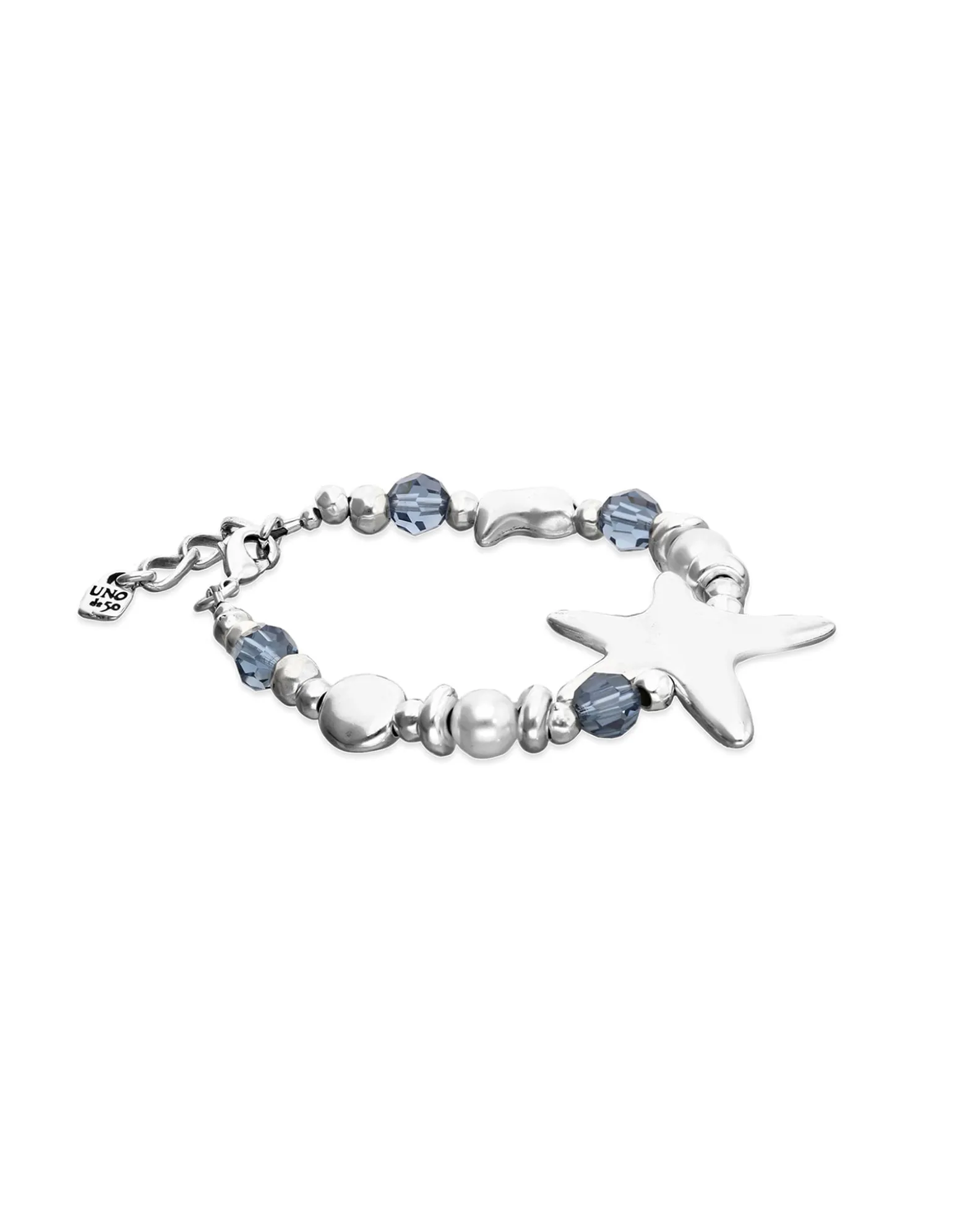 Pulsera elástica bañada en plata con cristales azules y estrella de mar