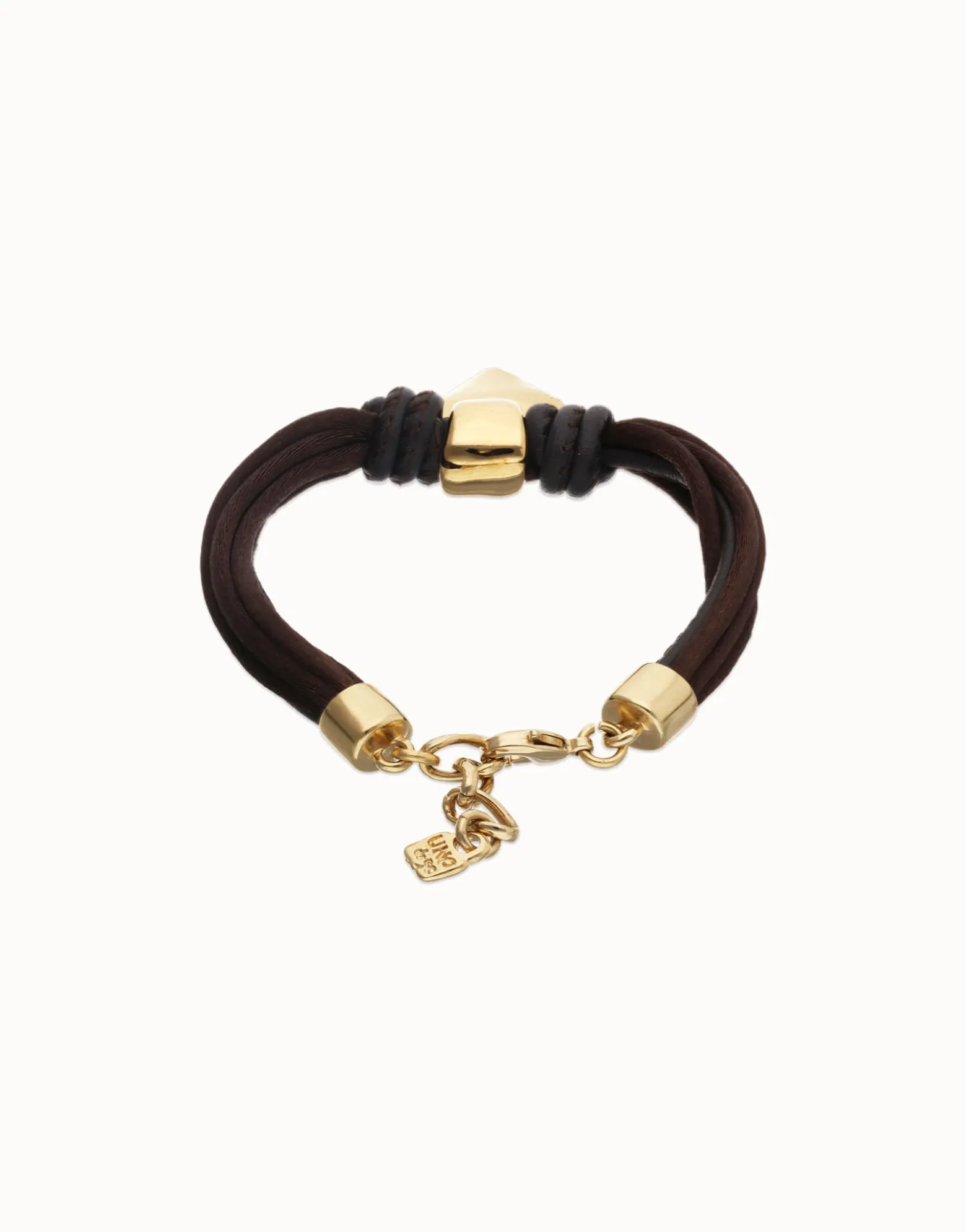 Pulsera en hilo de seda y cuero marrón con corazón bañado en oro 18k