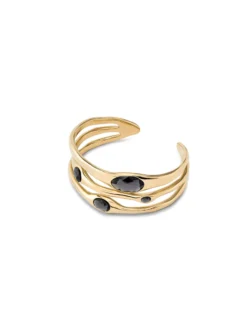 Pulsera rígida bañada en oro 18k con 2 cristales grises, 1 blanco y 1 rosa