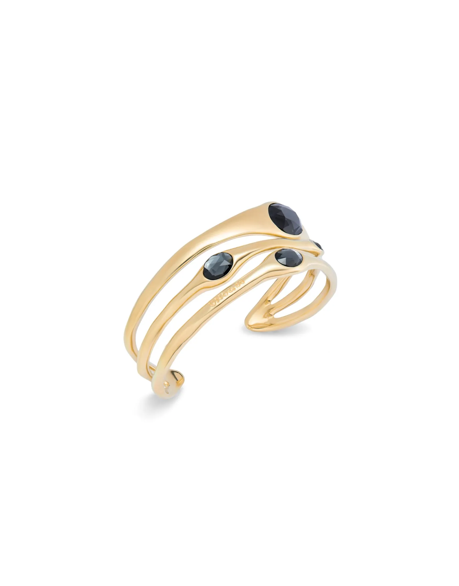 Pulsera rígida bañada en oro 18k con 2 cristales grises, 1 blanco y 1 rosa