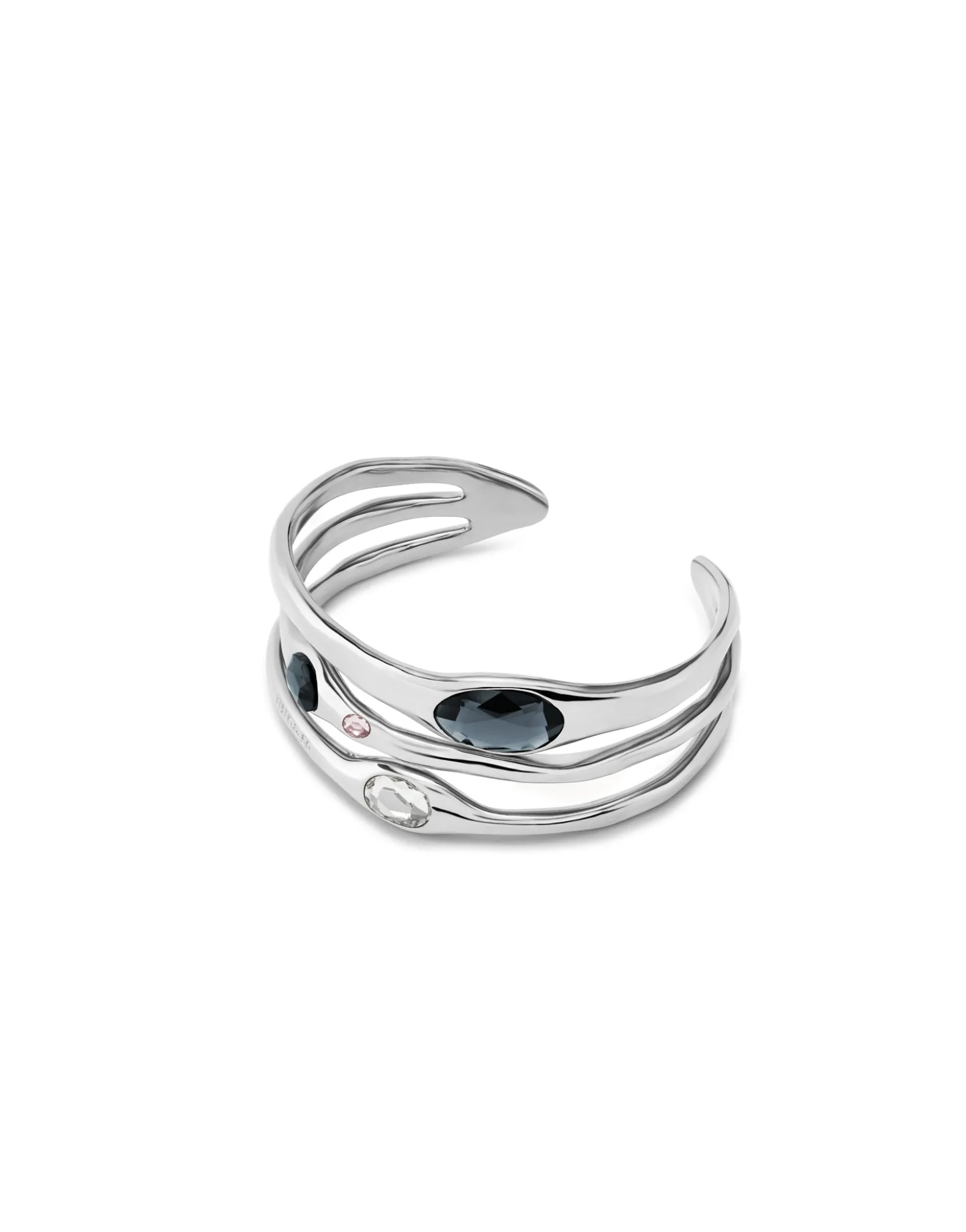 Pulsera rígida bañada en plata de ley con 2 cristales grises, 1 blanco y 1 rosa