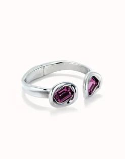 Pulsera rígida bañada en plata de ley y dos cristales rosas