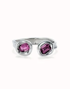 Pulsera rígida bañada en plata de ley y dos cristales rosas