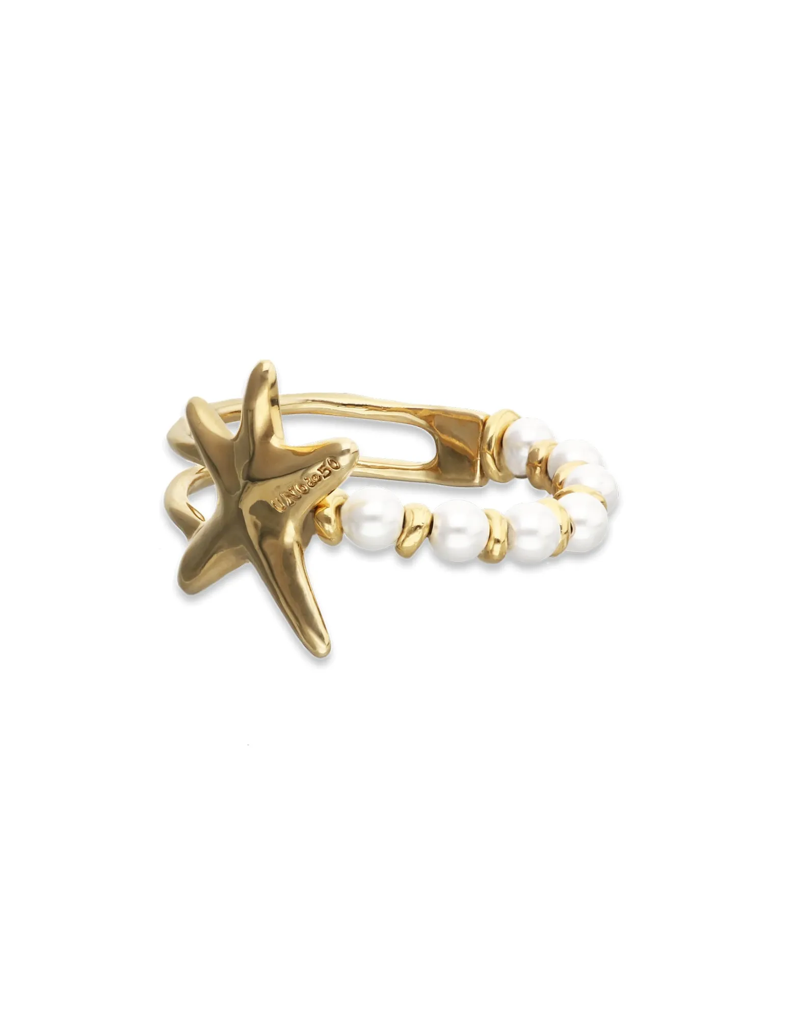 Pulsera semirrígida bañada en oro con perlas y estrella de mar