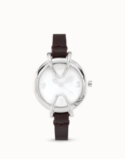 Reloj bañado en plata de ley con correa de cuero negra, esfera redonda con interior en color blanco